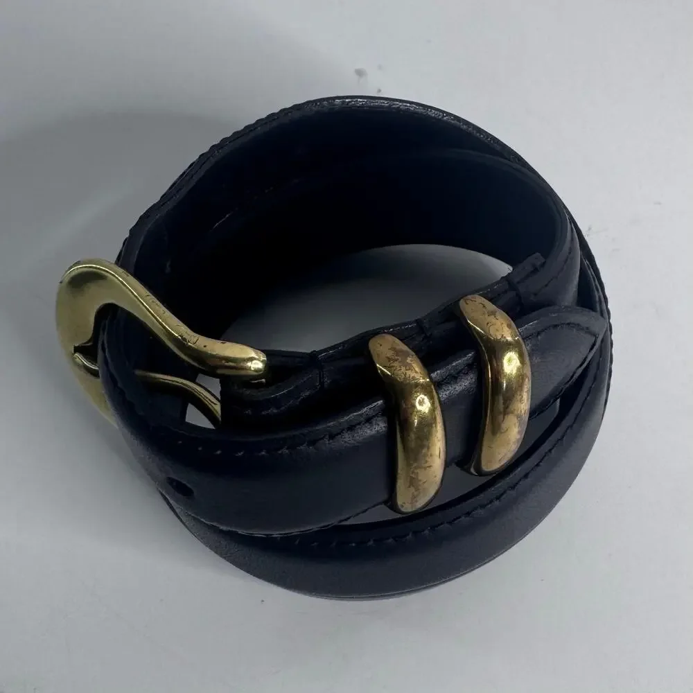 Vtg Dexter Black Belt Leather Brass Buckle Mens Size 32